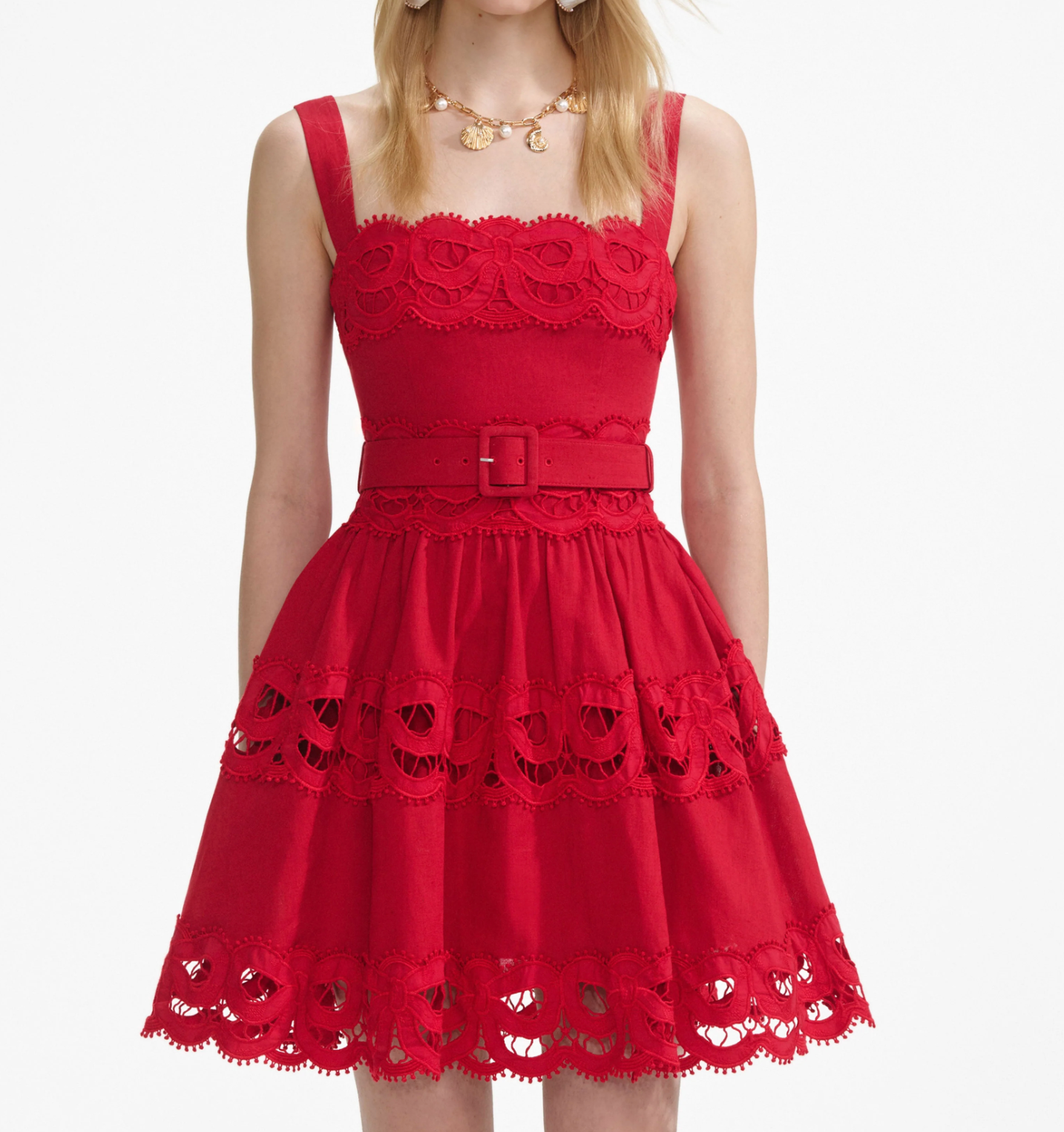 Red Linen Lace Insert Mini Dress Red Linen Lace Insert Mini Dress