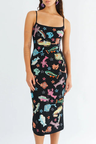 Arizona Hand Beaded Midi Dress in Black