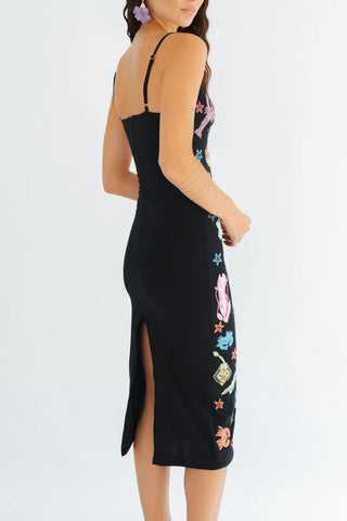 Arizona Hand Beaded Midi Dress in Black