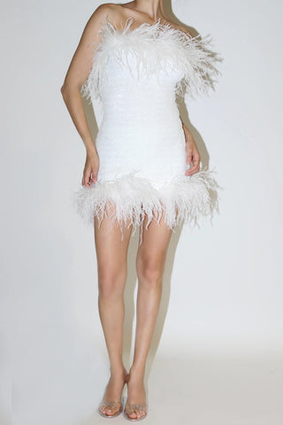 Pailettes Plumage Strapless Mini Dress in White