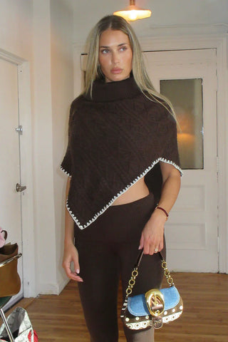 Windswept Cotton Knit Poncho in Brown