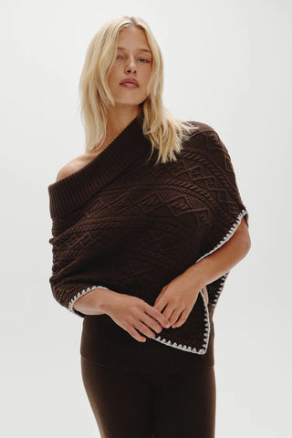 Windswept Cotton Knit Poncho in Brown
