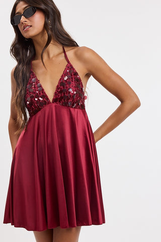 Bordeaux Belle Halter Mini Dress