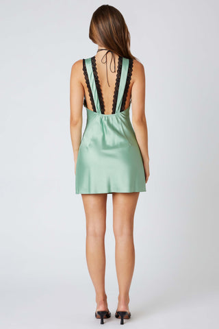 Lace Trim Satin Mini Dress in Mint Green Cattivo Lace Trim Satin Mini Dress in Mint Green Cattivo