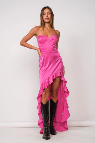 Ruffle Bottom Satin Maxi Dress in Pink
