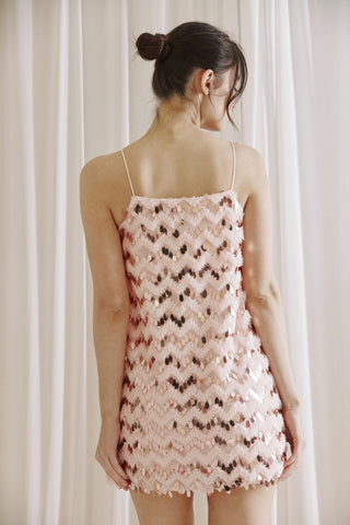 Zig Zag Sequin Fringe Mini Dress in Pink