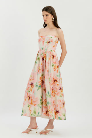 Lola Corset Midi Dress in Pink Floral