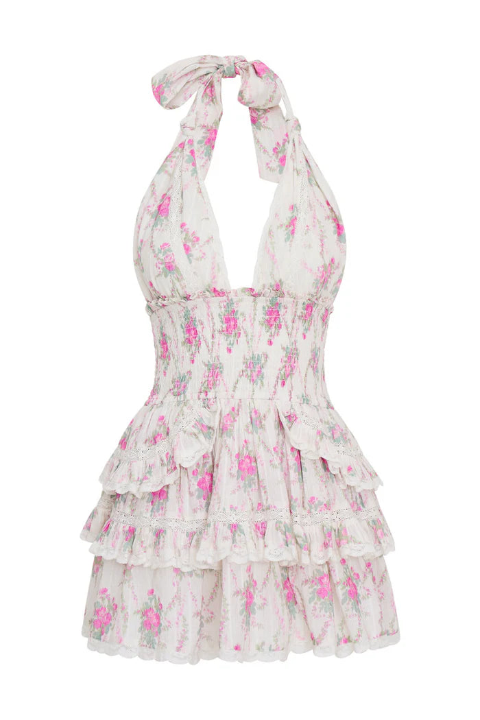 deanna floral halter dress LoveShackFancy Deanna Halter Dress in Warm Pink Cloud