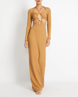PatBo Long Sleeve Knit Maxi Dress in Camel
