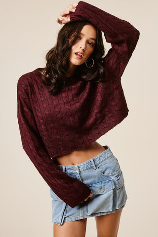 Maple Cable Knit Cropped Sweater in Merlot