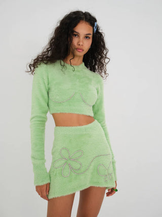 For Love & Lemons Reid Crop Sweater in Green
