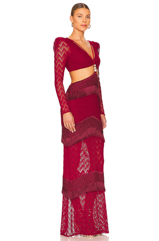 PatBo Fringe And Lace Cutout Maxi Dress in Bordeaux
