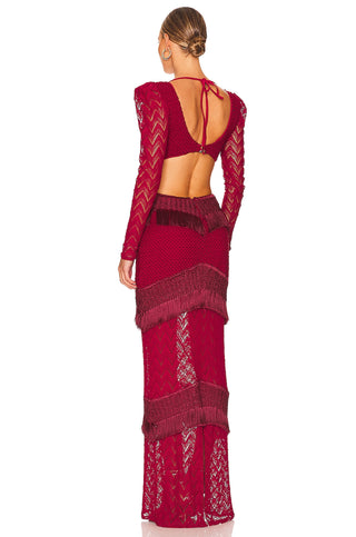 PatBo Fringe And Lace Cutout Maxi Dress in Bordeaux